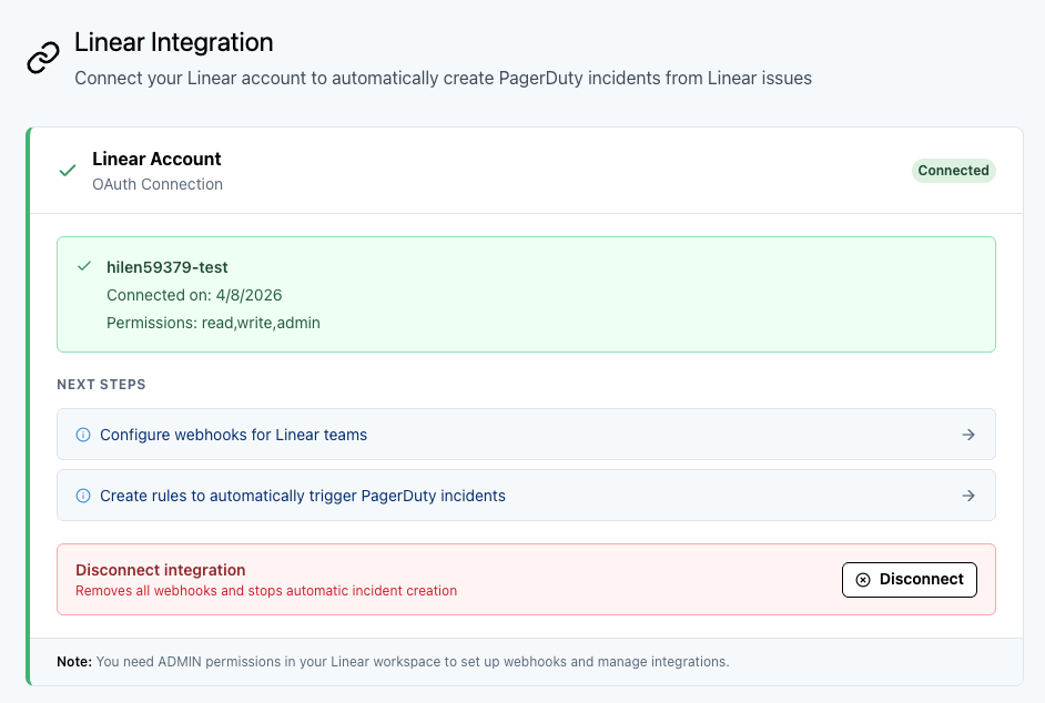 Successfully connected Linear workspace